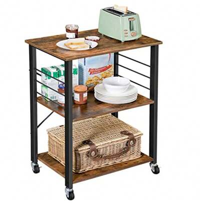 VASAGLE - Estante de Cocina con Ruedas Carrito de Servir con 3 estantes Carrito de Cocina Estante de microondas para Mini Horno Tostador con 6 Ganchos Estilo Industrial café rústico y Negro