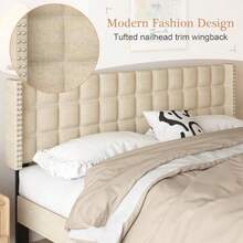 Superior Bronz VECELO Headboard Queen Size Linen Upholstered Headboards Only With Nailhead Trim Wingback Square Stitched Design Adjustable Height From 40" To 49.8" Oatmeal - Oatmeal - 查看 6