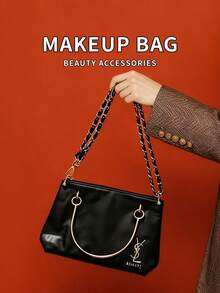 1pc Black Leather Shoulder Chain Bag, Glossy Leather Crossbody Bag, Women Handbag - Black - View 6