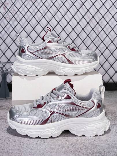 1 Pair Lightweight Breathable Lace-Up Sneakers For Teens, Fashionable Color Matching, Suitable For Daily Wear, Spring/Autumn