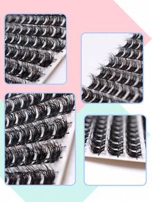 1盒12排144片新款蓬松仿貂毛假睫毛，D卷度，5D浓密假睫毛，派对礼物 - 黑色 - 查看 2