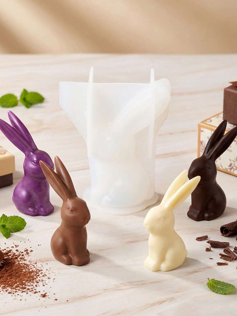 1/2 piezas Herramientas de repostería de Pascua DIY, molde de silicona en forma de conejo 3D acuclillado para chocolate, molde para pasteles y pudines, apto para molde de silicona de resina cristalina - Blanco - Ver 1