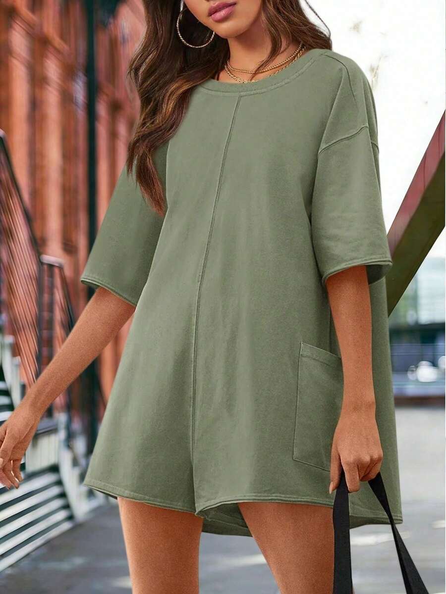Monos para mujer 2025 Mono deportivo de verano oversize de manga corta con bolsillos - Verde militar - Ver 1