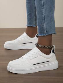 女士休闲帆布鞋，时尚百搭白色平底鞋，轻便舒适的运动鞋 - 白黑 - 查看 5