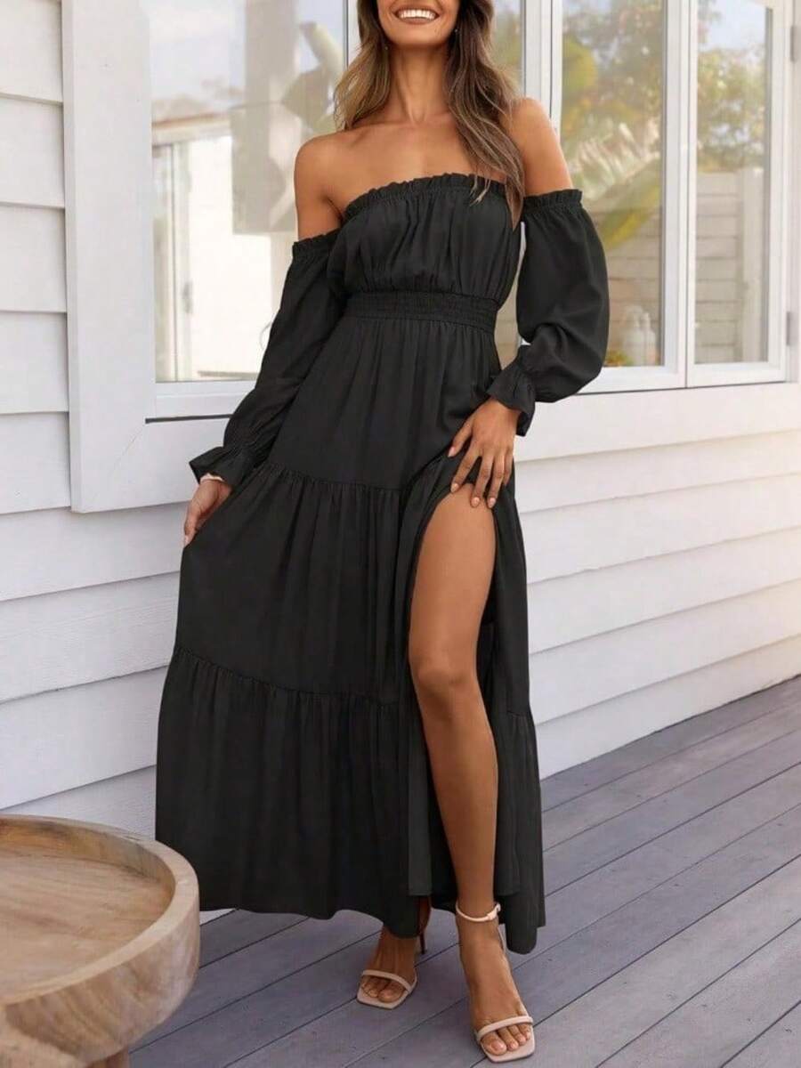 Women's Boho Sexy Off Shoulder Long Sleeve Smocked High Waist Side Split Flowy A Line Tiered Long Maxi Dress - 黑色 - 查看 1