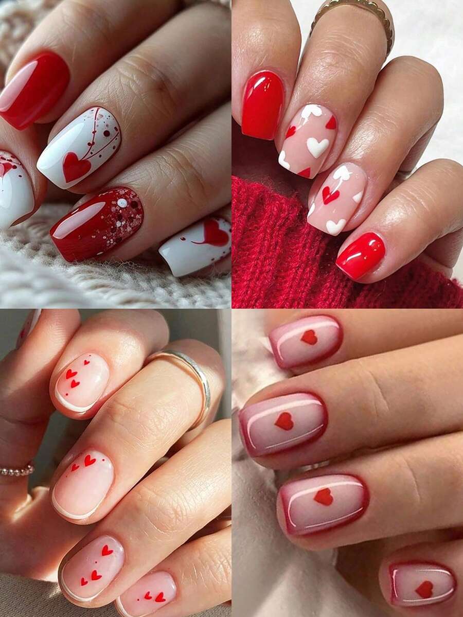 96片方形、闪光、心形和波点图案假指甲，包含全覆盖甲片套装，适合作为美甲礼品和批发美甲用品，适合女孩和妈妈们在节日、派对、约会和日常佩戴。