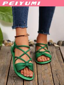 PEIYUMI Giày sandal thời trang nữ, thiết kế nơ và quai chéo thanh lịch, thoải mái và đa năng, phù hợp cho nhiều dịp, nhiều lựa chọn màu sắc. - màu xanh lá - Xem 3