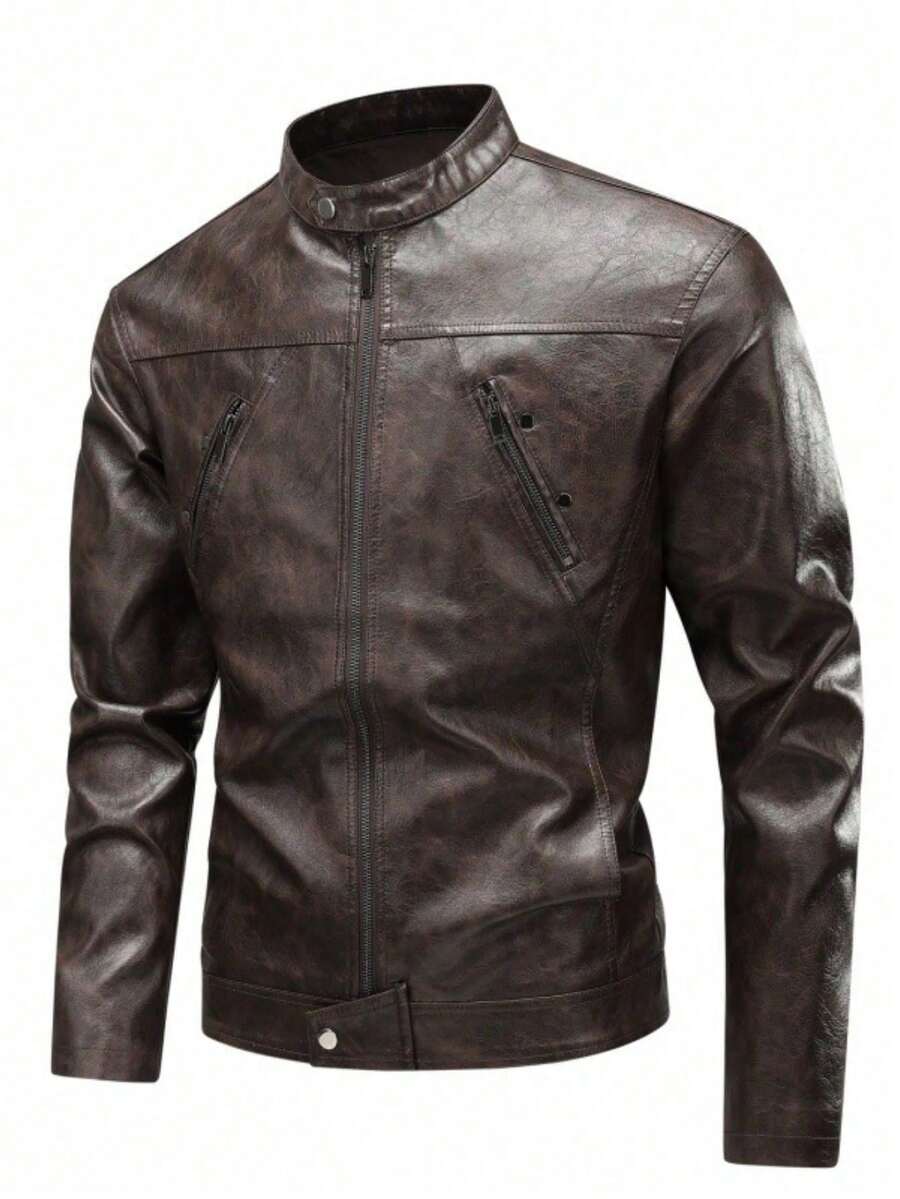 Nueva Chamarra Motera para Hombre en Piel Sintética con Cuello Alto - Estilo Urbano y Racing - Blanco - Ver 1