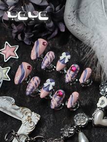 10 Fake Nails Press On Almond French Tip,Pink,Purple,Snakeskin,3d Three-Dimensional Decoration Element,Rhinestone Decor Star,White Bowknot,Waterdrop,Japanese Style Full Coverage Press On Nails Y2K Charms Set,The Set Includes 1 Mini Nail File And 1 Adhesive Sheet, Suitable For Women And Girls. Nail Art For Daily Use, Party, Weddings, Etc Nail Supplies - Multicolor - View 1