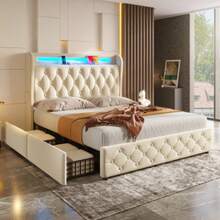 Upholstered Bed 140x190 Cm With LED Lighting And USB Socket, Headboard With Shelves And Storage Space, Flat Double Bed With 4 Drawers, Velvet. - White - View 3