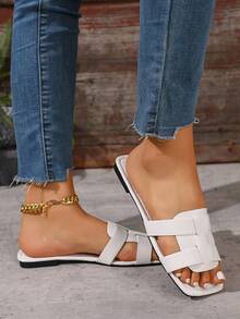Women's Slippers With Woven Strap Decoration Hand-Woven Rope Craft Lychee Pattern Texture Solid Color Pattern Square Toe Single Strap Flat Slippers Minimalist Style - White - View 6