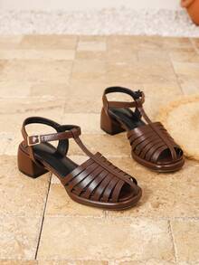 Giày sandal đế dày hở mũi thời trang nữ, giày dệt mùa xuân/hè mới, sandal đế cao phù hợp mọi mùa, giày La Mã hở gót kiểu dáng thường ngày, sandal đế dày quai ngang mắt cá chân mũi tròn đa năng, sandal hở mũi màu nâu thoáng khí thoải mái, thích hợp cho kỳ nghỉ ngoài trời. - màu nâu - Xem 6