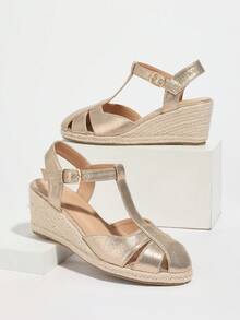 Sandálias de plataforma anabela em tecido trançado, cor sólida, confortáveis e versáteis, para praia, modelo 2025. - Champagne - Ver 6