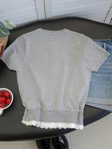 Grey Knit Cardigan Short Sleeve Women Slim Fit Collegiate Style Summer Round Neck Lace Patchwork Thin Top With Drawstring Hem - Grey - View 7