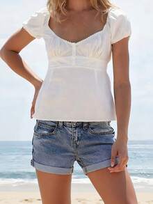 Women's Smocked Short Sleeve Lace Trim Blouse V Neck Ruffle Hem Peplum Shirt Tops - White - View 6