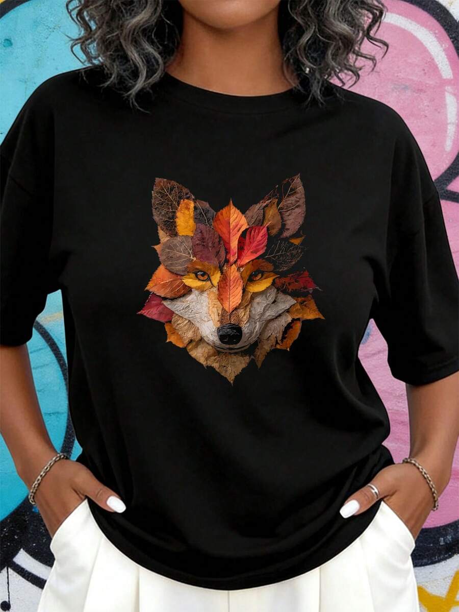 Wolf Herbstblätter Künstlerisches Tierkunst Blatt Herbst Ästhetisches T-Shirt Damen T-Shirt Grafik T-Shirts Crop Tops Outfits Tops T-Shirt 3WCO - Schwarz - Übersicht 1