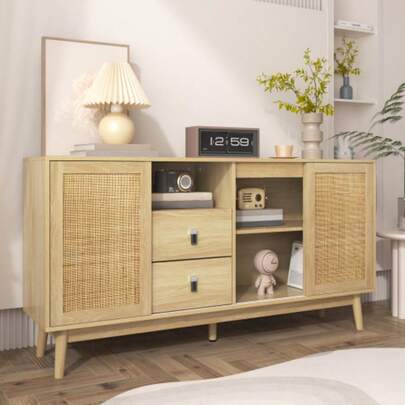 The Dining Room Cabinet Is Equipped With 3 Sliding Doors In Real Rattan Wood And 2 Drawers, With Dimensions Of 155x38x80 Cm, Breathable, Stable And Multifunctional.
