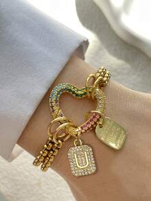 1件 STYLEVER 金色 A-Z 字母手链，彩色钻石心形扣链，白色钻石手链，不锈钢链，圣诞节礼物，万圣节礼物 - 金黃色 - 查看 8