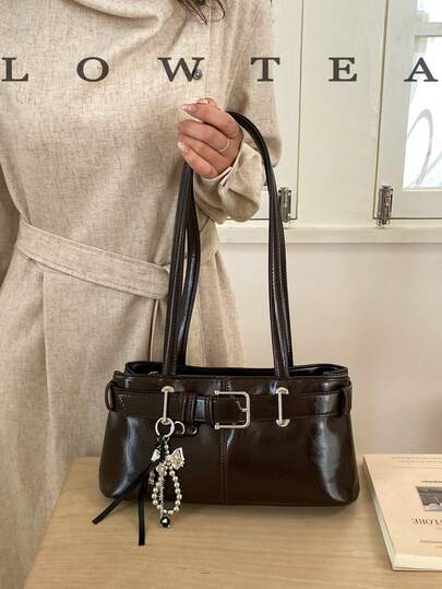  1pc Low Tea Solid Color PU Leather Shoulder Bag, Women's Retro Fashion Square Handbag With Top Double Handles, Zipper Closure, Suitable For Travel, Shopping, Dating, Women's Gift, Great For Commuting, Outdoor, Travel, Hiking