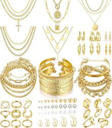 Euuztu 68 Pcs Gold Jewelry Set Women With Necklace, 17 Bracelet, 5 Hoop Earrings, 15 Stud Earrings, 24 Knuckle Rings Women Jewelry Set Women - 黃金首飾 - 查看 1