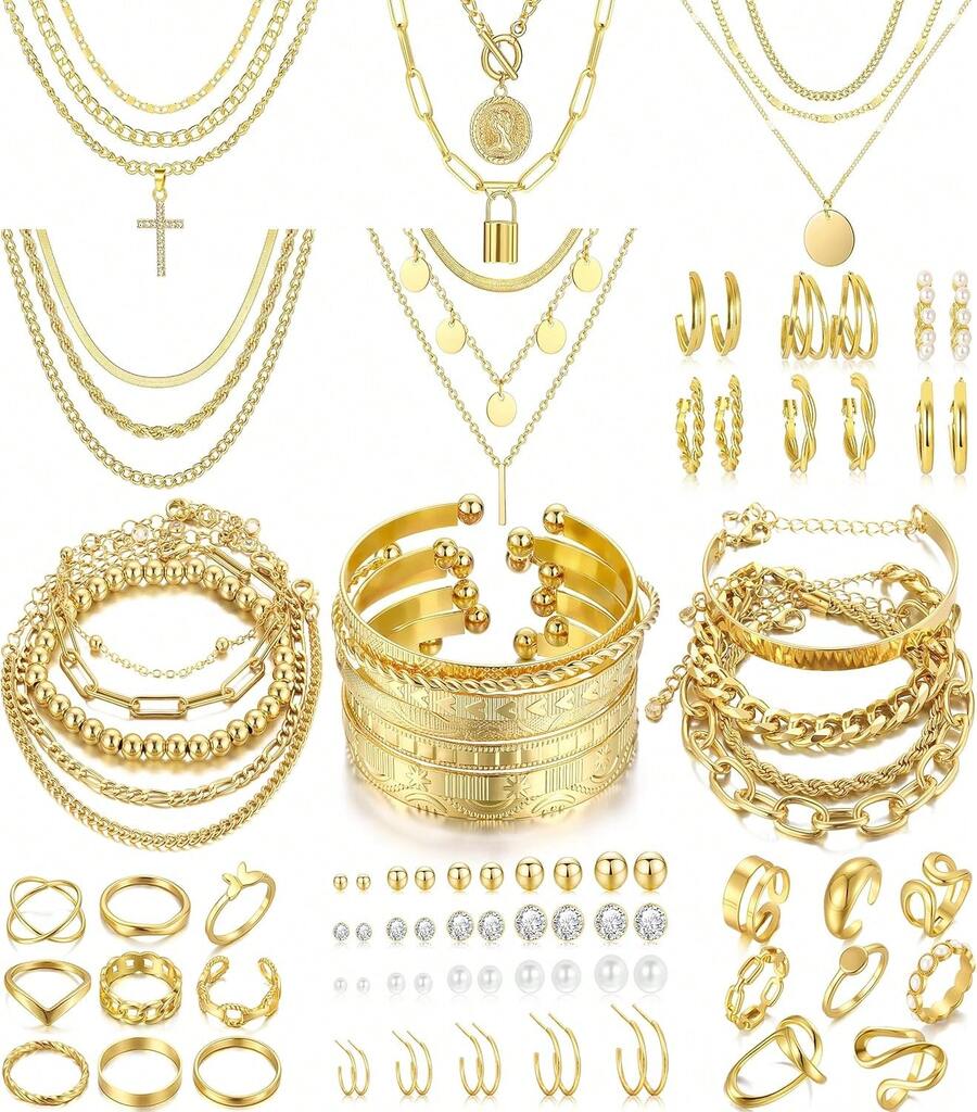Euuztu 68 Pcs Gold Jewelry Set Women With Necklace, 17 Bracelet, 5 Hoop Earrings, 15 Stud Earrings, 24 Knuckle Rings Women Jewelry Set Women - 黃金首飾 - 查看 1