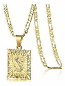 Initial Necklace Square Letter Pendant Necklace Capital Monogram Necklace Alhpabets From A-Z Figaro Chain Necklace - Multicolor - View 37