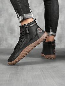 男士时尚高帮厚底休闲鞋，系带学院风，舒适耐穿简约百搭男鞋 - 黑色 - 查看 3