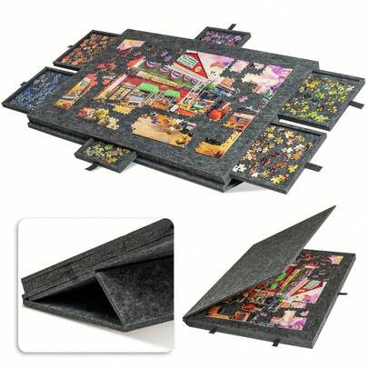Foldable Puzzle Board | Felt Puzzle Mat With Non-Slip Surface And 6 Colorful Sorting Trays, Portable Polyester Fiber Storage & Protection Case, Suitable For 1500+ Pieces Puzzles, Gray