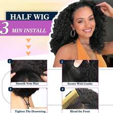 26英寸合成长黑色三合一半假发，无缝翻转式无胶佩戴，长波浪卷发，抽绳头带假发 - 彩色 - 查看 5