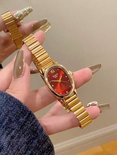 1 pièce Montre femme avec bracelet en bambou ovale, bracelet réglable doré, montre-bracelet quartz élégante et polyvalente, convenant pour un port quotidien, un cadeau de correspondance idéal pour tous les jours