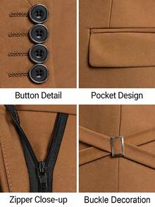 3 Piece Men's Suit, Formal Blazer Vest Pants Modern Fit Office Wedding Event Suits For Men - 駝色 - 查看 7