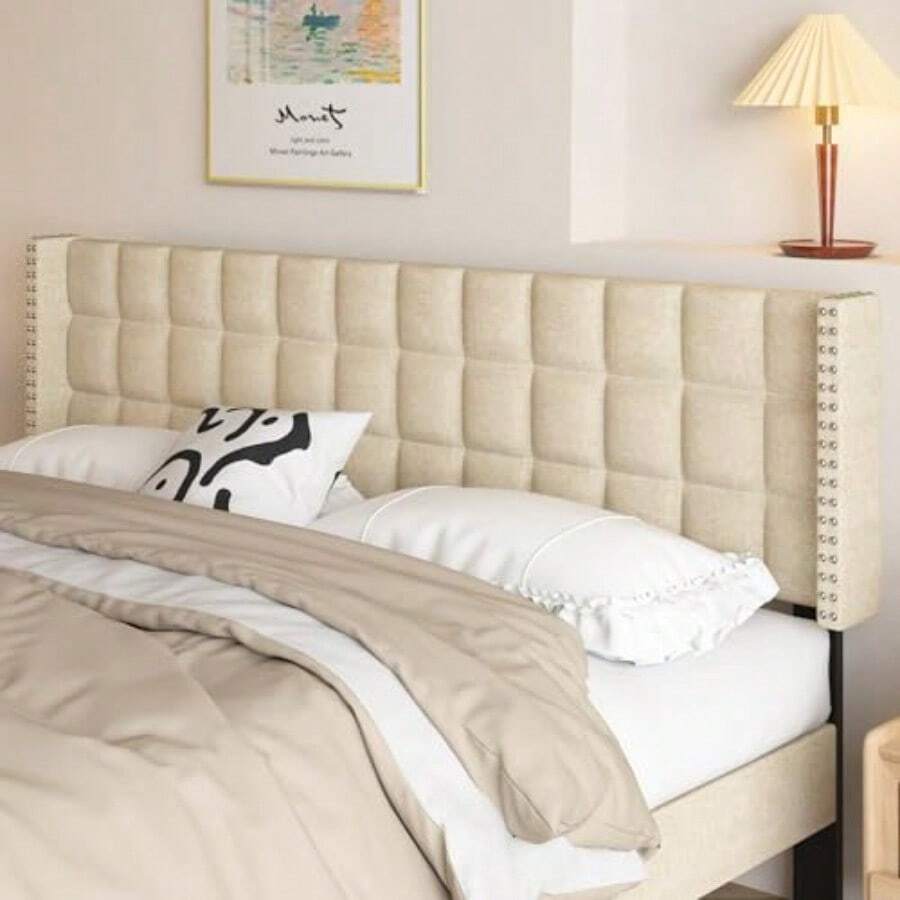 Superior Bronz VECELO Headboard Queen Size Linen Upholstered Headboards Only With Nailhead Trim Wingback Square Stitched Design Adjustable Height From 40" To 49.8" Oatmeal - Oatmeal - 查看 1