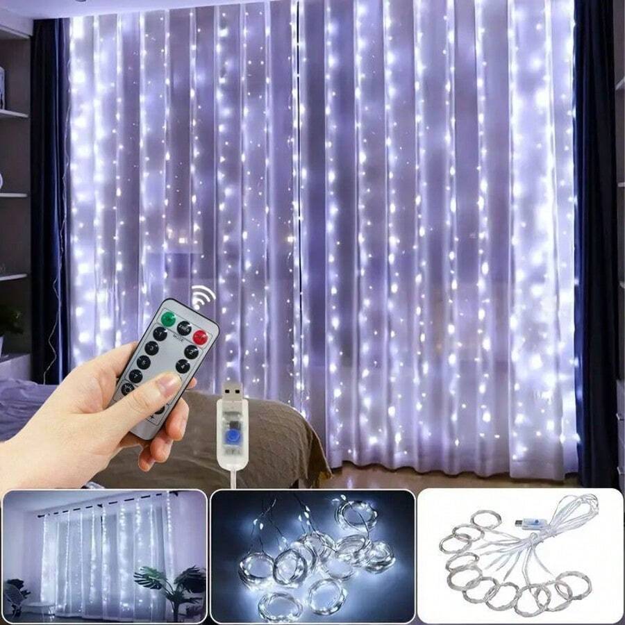 1 pieza Luces de cadena LED para cortina de ventana, 8 modos, alimentado por USB, adecuado para el Día de San Valentín, boda, vacaciones, dormitorio, fiesta de cumpleaños, decoración de Eid (control remoto no incluido)