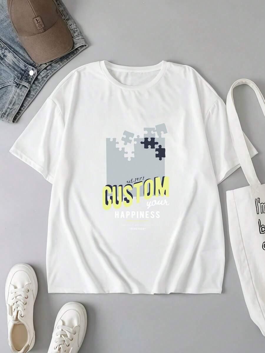 Camiseta de Mujer de Algodón 100%, Estampado Rompecabezas y Letras "CUSTOM your HAPPINESS", Manga Corta, Cuello Redondo, Ropa Casual Transpirable y Cómoda para Día a Día, Ocio y Actividades Diarias - Blanco - Ver 1