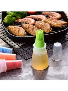 1pc Silicone Flat Oil Bottle With Brush, Multifunctional Kitchen Baking Brush