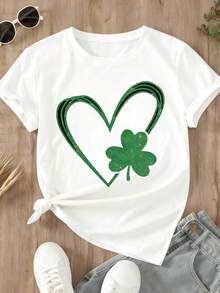 St Patrick's Day Women's Short Sleeve T-Shirt Green Heart And Clover Print Casual Wear For Festive Celebrations - trắng - Xem 2