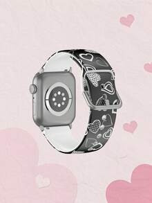 黑色背景涂鸦白色爱心男女通用时尚硅胶表带，兼容 38mm 40mm 41mm 42mm 44mm 45mm 49mm，兼容 Series Ultra/SE/11/10/9/8/7/6/5/4/3/2/1 - 彩色 - 查看 2