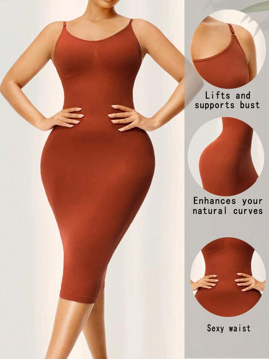 Vestido de una pieza con tirantes finos, unicolor, que levanta el trasero y controla el abdomen, con soporte para el busto, que da forma a la figura y ajusta la cintura para un ajuste ceñido y moldeado para mujer - Naranja Quemada - Ver 1