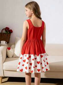 1pc Fashionable & Cute Heart Pattern Dress, Contrast Color Design, Bow Decor, Soft & Comfortable, Suitable For Vacation, Outdoor Activities, School, Vacation, Party, Valentine's Day Gift, Any Occasion, Summer - Red - View 2