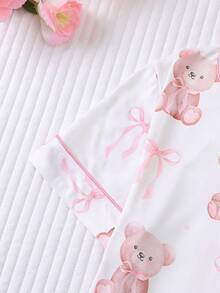 Bộ đồ ngủ 2 món cho bé gái, áo sơ mi cổ bẻ tay ngắn và quần short rộng cạp chun, kiểu dáng mùa hè mới, họa tiết gấu hồng và nơ dễ thương, có thể giặt, đồ ngủ mặc nhà cho trẻ em và thanh thiếu niên. - trắng - Xem 4