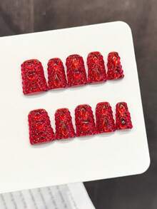 10 Pieces /Set, Press-On Nails Handcrafted High-End Quality Personalized Super Shiny Duckbill-Style Fake Nail Press Nails, Decorated With 3D Flowers And Rhinestones, Suitable For Ladies And Girls, Perfect For Parties, Dates And Vacations. The Product Is Suitable For Gluing. Change The Shape Of The Nails. Nail Care Products. Nail Art Tools. A Beginner In Manicure. - 紅色 - 查看 3