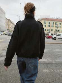 Elegant Solid Black Double Breasted Woolen Bomber Jacket With High Neck, Chic Old Money Coat With Shoulder Tabs, Sophisticated Spring/Fall/Winter Outerwear - Black - View 4