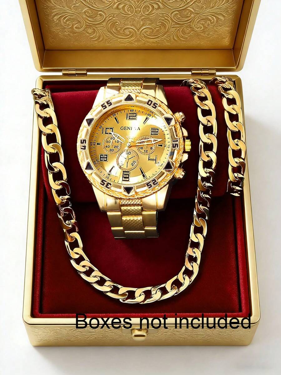Set de 3 relojes deportivos casuales de moda con correa de tono dorado, esfera redonda, pantalla digital, pulsera y collar, adecuado para niños, Día del Padre, San Valentín, regalo de cumpleaños - Dorado - Ver 1