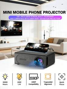Portable Mini Mobile Phone Projector 100-Inch Large Screen 1080P HD Movie Projector Built-In Speaker | Compatible With IPhone Android Smartphones Tablets Laptops TV Sticks USB Drives | Trapezoidal Alignment Quick Focus Remote/Button Control LCD Display Compact Home Theater Outdoor Projector - Black - View 2