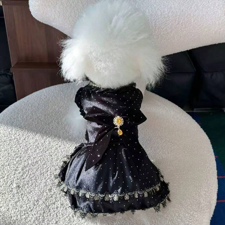 Small Pet Black Polka Dot Lace Princess Dress, Puppy/Kitten Apparel Princess Bow Mini Dress, Suitable For Poodle, Bichon Frise, Teddy Bear