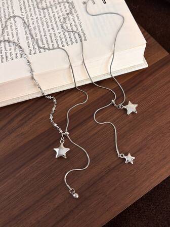 1pc Asymmetric Star Pendant Necklace, Korean Style Elegant Long Sweater Chain, Unique High-End Accessory For Women