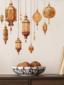 1张可移除的开斋节挂饰墙贴，伊斯兰斋月装饰，斋月快乐灯笼月亮星星窗户装饰，适用于家庭客厅卧室厨房背景墙纸 - 彩色 - 查看 3