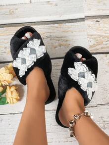 Women's Floral Print Fabric Criss-Cross Strap Slippers, Fashionable Casual Lace Home Slippers, Autumn/Winter - Black - View 7