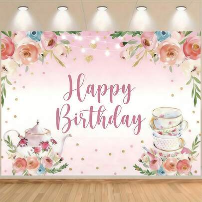 1pc Tea Party Birthday Banner - Pink And Gold Floral Design, Suitable For Tea Studio Decoration, Birthday Parties, Indoor And Outdoor Event Supplies, Celebrations, Photo Wall Backdrop, Gifts, A Must-Have For Event Planners