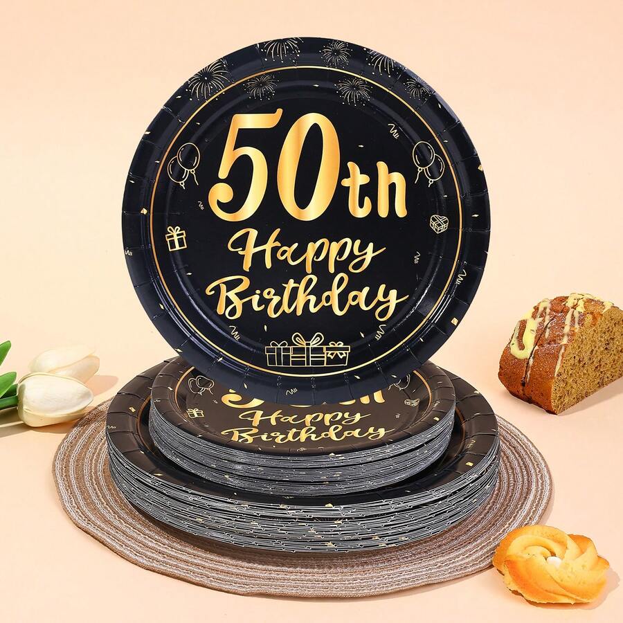 10件/20件/40件/50件 50歲生日裝飾 男士與女士適用,黑色與金色 7英吋與9英吋紙盤餐具,適合50歲生日派對女士與紳士,50歲一次性甜點盤,50週年復古50歲生日裝飾 - 彩色 - 查看 1